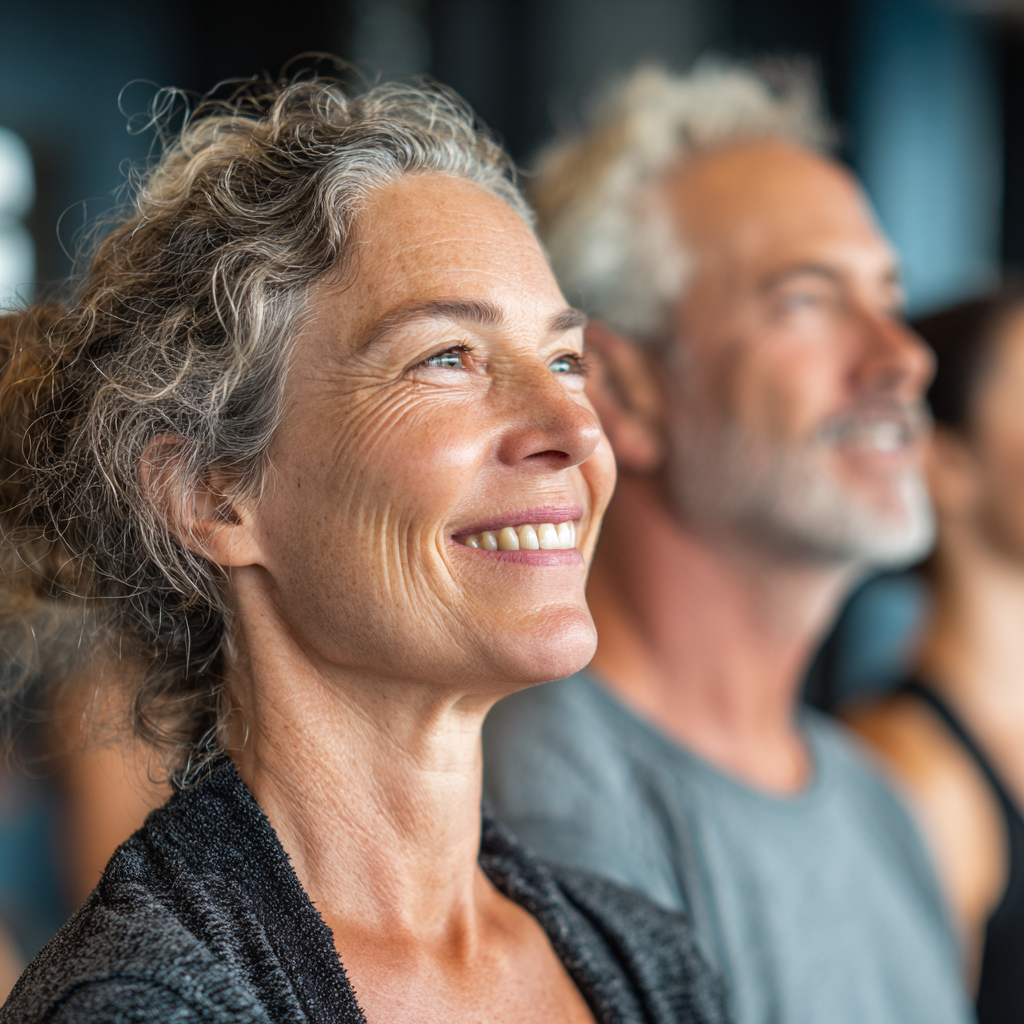 Middle-aged adults enjoying group fitness activities